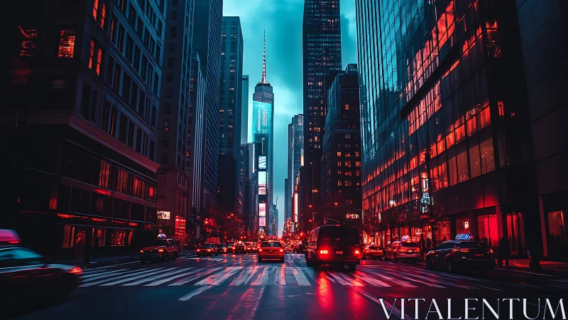 Neon-lit arterial city street shows high-contrast cyan and red glow