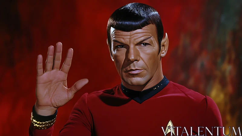 Vulcan officer in red uniform with raised salute gesture.