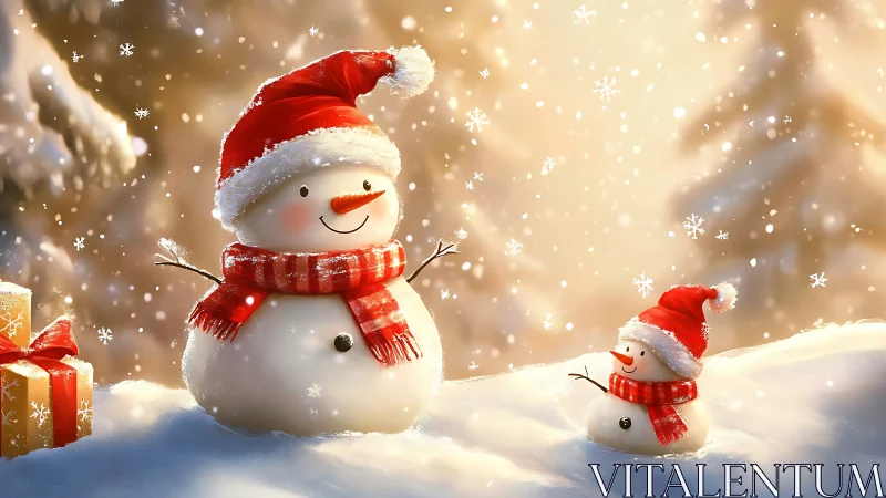 Snowman pair in red hats under gentle winter snowfall.