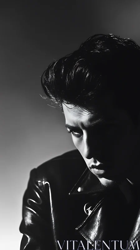 Male subject in leather jacket lit by strong side light