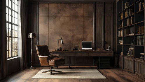 Warm wood-paneled study with cozy modern work corner.