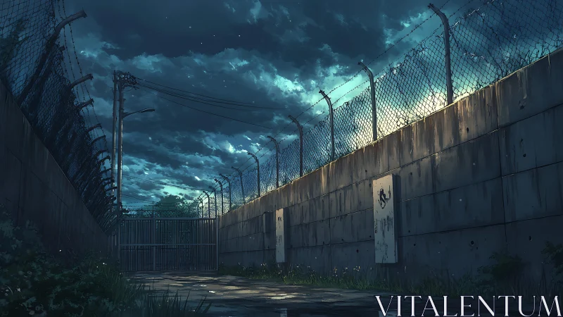 Twilight corridor beside barbed concrete wall under storm clouds.