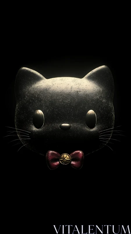 Luminescent Ceramic Feline Head with Specular Highlights and Metallic Bow Ornament