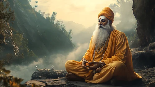 Mountain sage in golden robes meditating above misty gorge.