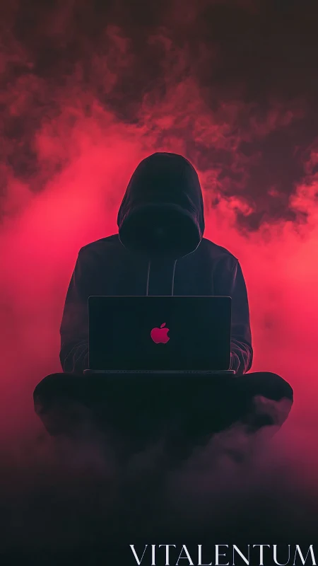 Hooded hacker studies laptop in ominous red neon fog