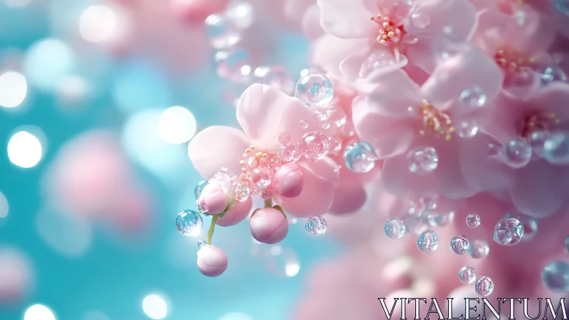 Pink flowers with water droplets and bokeh light effects