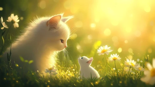 White Cat and Kitten in Golden Sunlit Meadow with Daisies.