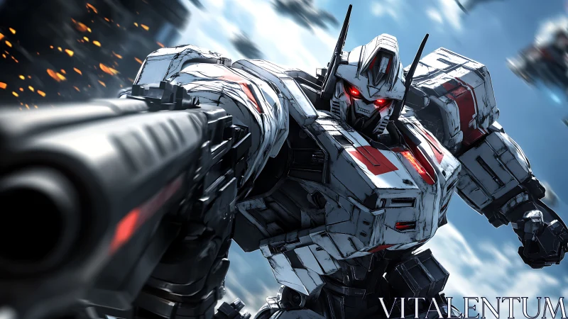 Armored combat mecha charges forward through a blazing sky