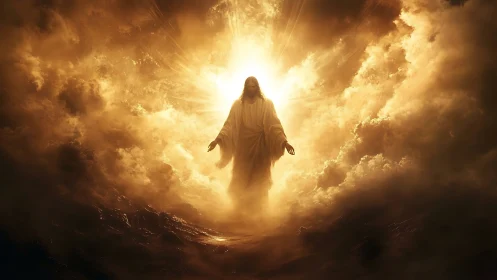 Backlit robed figure emerges from radiant cloud vortex with volumetric light