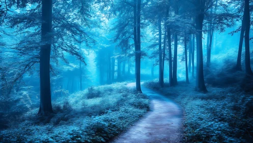 Forest path winds through tall trees bathed in blue light