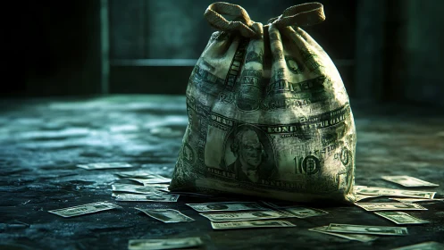 Money bag sits on worn floor with scattered dollar bills