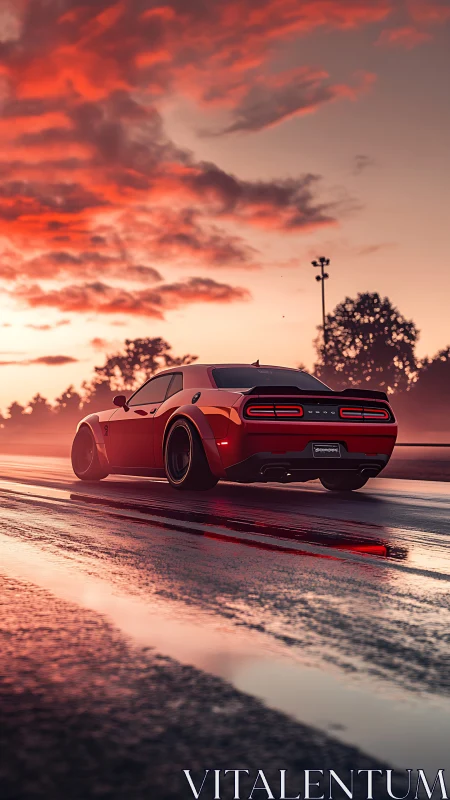 Muscle car silhouette on wet asphalt under blazing sunset sky.
