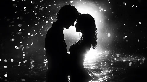 Silhouetted couple embracing in rain with bokeh light.