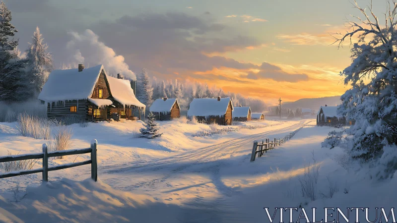 Snowy village cabins glow under a tranquil winter sunset.