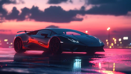 Midnight supercar rendered in neon sunset reflections.