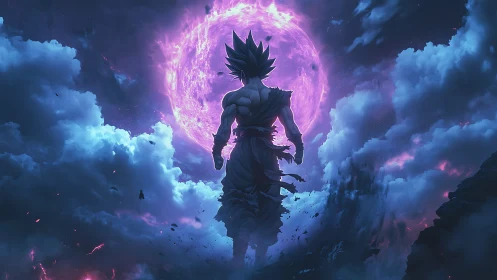 Saiyan warrior faces cosmic energy storm in violet sky.