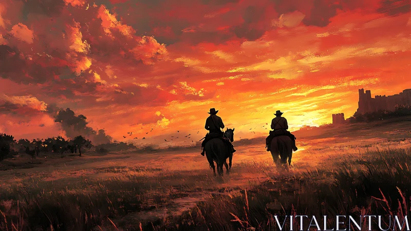 Riders cross open plains beneath intense red sunset sky.