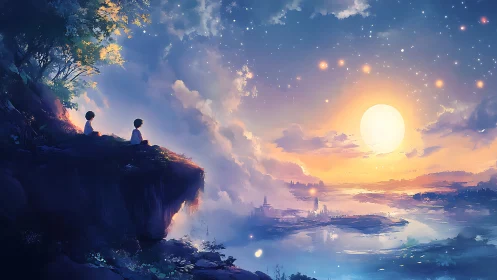 Children on starlit cliff watching a dream-bright moonrise.