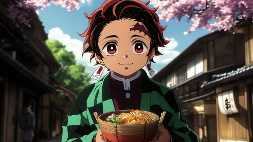 Anime character holds noodle bowl on traditional street background