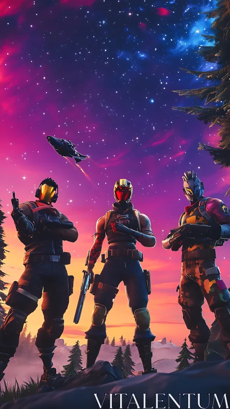 Neon dusk crowns three cyber mercenaries beneath galaxy skies