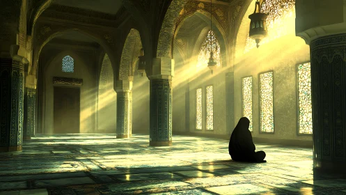 Soft morning light in a quiet sunlit prayer hall.