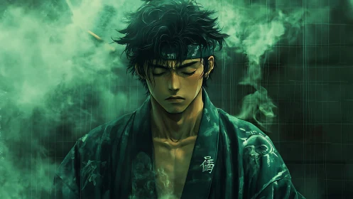 Smoldering warrior in jade mist, wrapped in solemn focus.