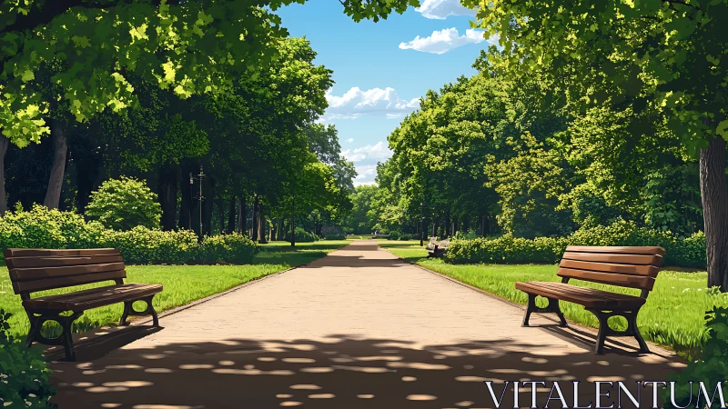 Sunny tree lined park path with empty wooden benches.
