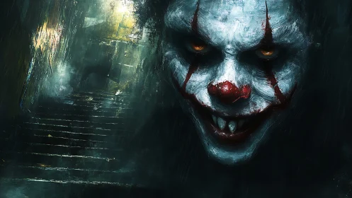 Dark stairwell scene with close-up of sinister clown face.
