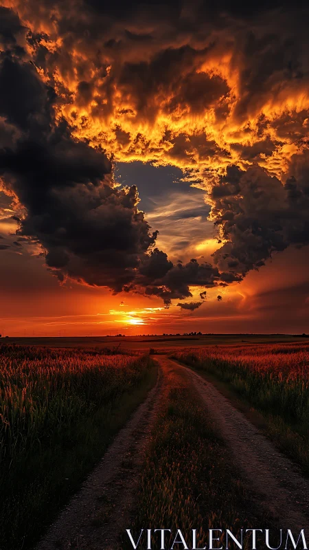 Rural dirt road under dense clouds and intense sunset sky.