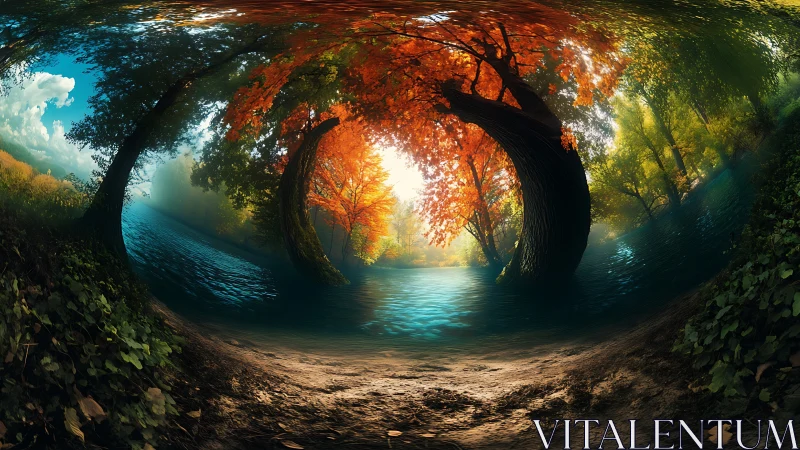 Immersive riverside grove bends into luminous panoramic sphere