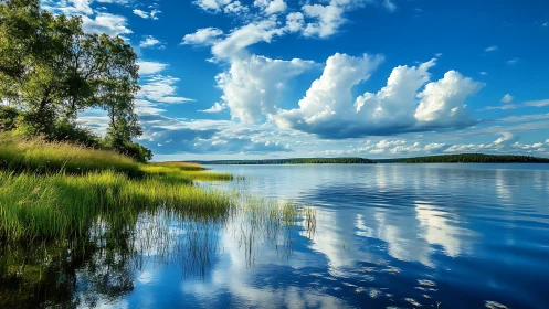 Sky-dancing clouds drift over glassy lake mirrors quietly