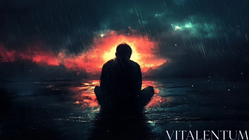 Solitary figure before burning horizon under stormy rain.