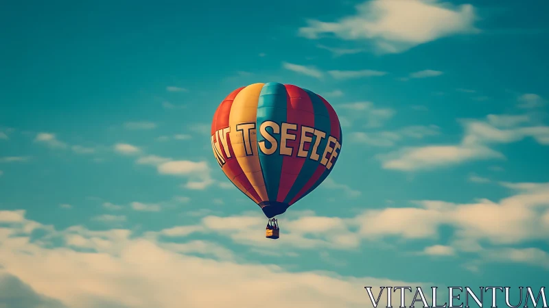 Color-striped hot air balloon ascends against teal sky