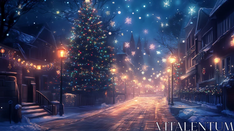 Snowy city street shows illuminated Christmas tree at night