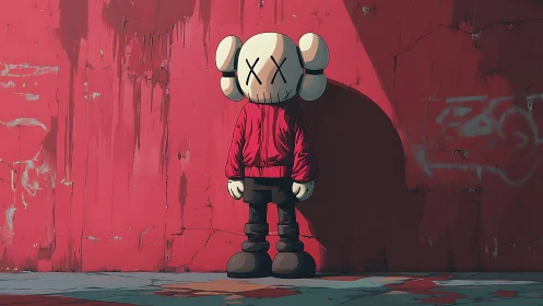 Lonely cartoon figure in red jacket against peeling wall.