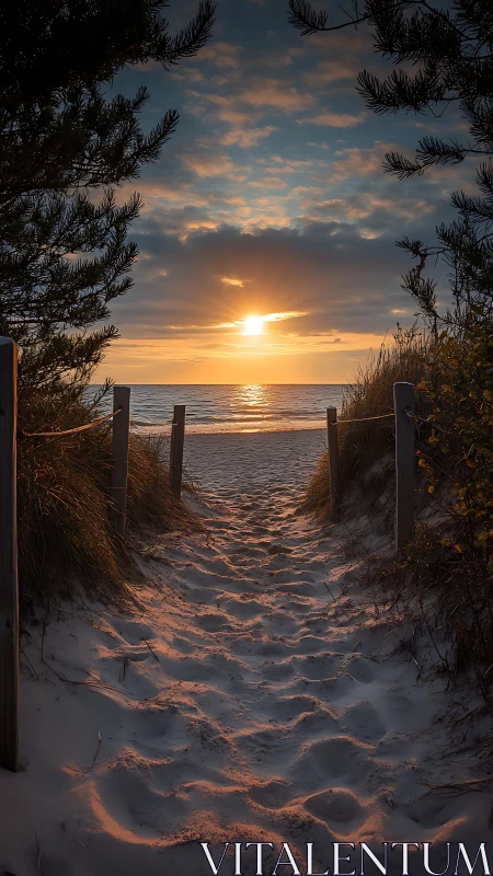 Photorealistic coastal pathway at sunset with framed perspective.