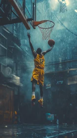 Rain-soaked street hooper rises toward a blazing urban rim.