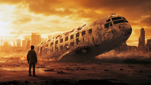 Solitary survivor facing ruined jet in burning cityscape.