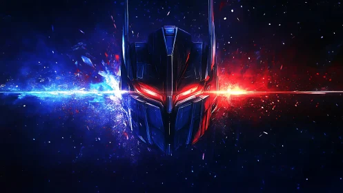 Robot helmet with glowing red eyes in cosmic blue red space.