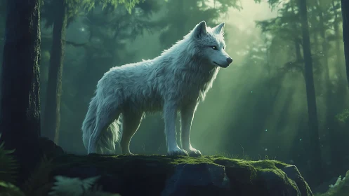Luminous white wolf on mossy rock in misted forest light.