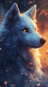 Bioluminescent-eyed white wolf in dual cool-warm rim lighting