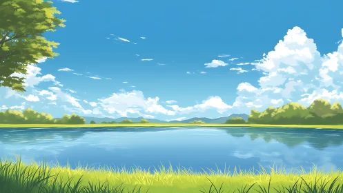 Calm lakeside landscape under bright blue summer sky.