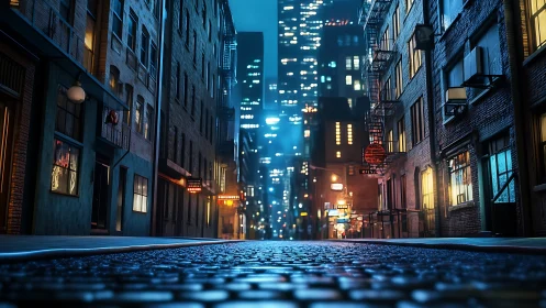 Neon-lit cobblestone alley glows beneath towering city lights.