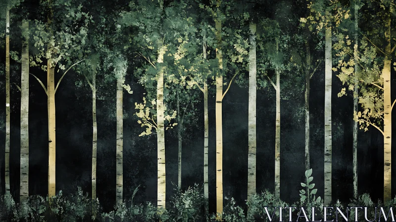 Dark Forest Cathedral Light. Birch Trees Golden Canopy.