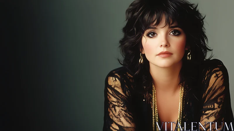 Studio portrait of woman in gold lace jacket, soft lighting.