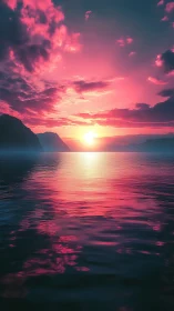 Neon dusk over quiet fjord waters, sky painted electric pink.