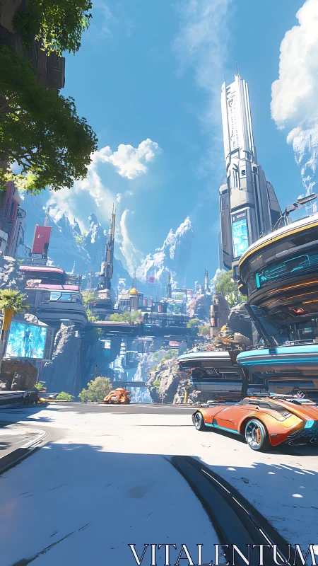 Futuristic canyon city rises around elevated skyways and towers