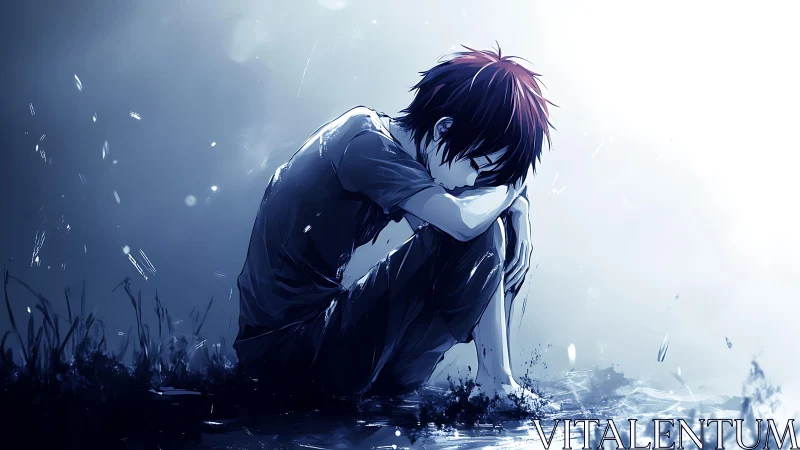 Solitary anime figure seated on wet ground in blue tones.