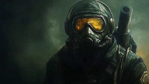 Hazmat shock trooper in toxic atmospheric particulate field.