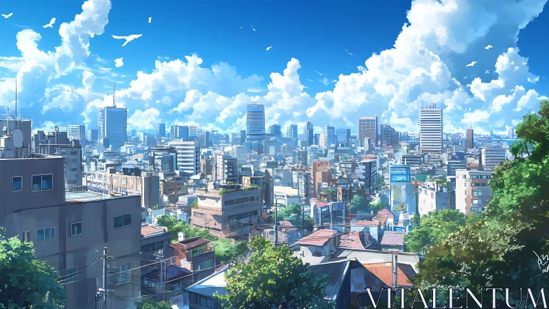 Sunlit city rooftops under a daydream of towering clouds.